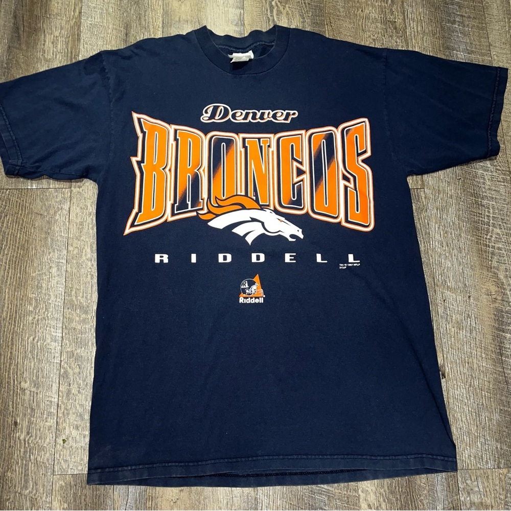 1997 Vintage NFL Riddell Denver Broncos‎ Blue Shirt Tee 90s Made in USA Large